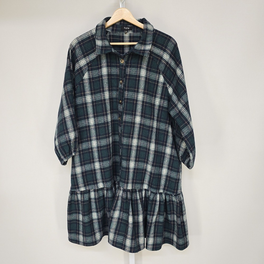 Fate Womens XL Green Plaid Flannel Ruffle‎ Hem Shirt Dress with Pockets
